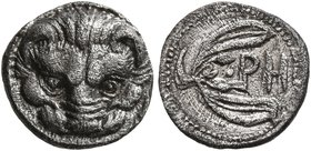 BRUTTIUM. Rhegion. Circa 415/0-387 BC. Litra (Silver, 10 mm, 0.78 g, 1 h). Lion's mask facing. Rev. PH within olive sprig. Herzfelder pl. XI, J. HN It...