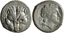 BRUTTIUM. Rhegion. Circa 351-280 BC. AE (Bronze, 20 mm, 7.00 g, 7 h). Facing head of a lion. Rev. [PHΓINΩN] Laureate head of Apollo to right; behind, ...
