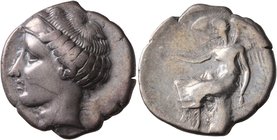 BRUTTIUM. Terina. Circa 440-425 BC. Didrachm or Nomos (Silver, 22 mm, 7.33 g, 7 h). Head of the nymph Terina to left, wearing ampyx and necklace; behi...