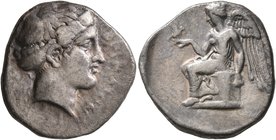 BRUTTIUM. Terina. Circa 420-400 BC. Didrachm or Nomos (Silver, 21 mm, 7.59 g, 12 h). TEPINAION Head of the nymph Terina to right, wearing single-penda...