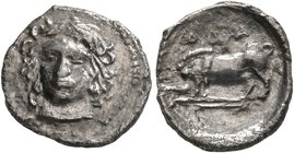 SICILY. Abakainon. Circa 410-390 BC. Litra (Silver, 11 mm, 0.61 g, 2 h). Female head facing slightly to left. Rev. ABA Sow and piglet standing left. B...