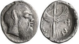 SICILY. Aitna. Circa 460s-450s BC. Litra (Silver, 10 mm, 0.62 g, 6 h). Balding head of Silenos to right, with an animal ear and a long beard. Rev. AI-...