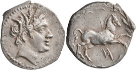 SICILY. Akragas. Punic occupation, 213-211 BC. Half Shekel (Silver, 20 mm, 3.47 g, 11 h). Male head (of Triptolemos?) to right, wearing wreath of grai...