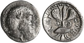 SICILY. Katane. Circa 461-450 BC. Litra (Silver, 12 mm, 0.61 g, 2 h). Head of Silenos to right, wearing wreath of ivy and an animal ear. Rev. KAT-ANE ...