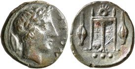SICILY. Leontini. Circa 405-402 BC. Tetras (Bronze, 14 mm, 1.84 g, 11 h). ΛEON Laureate head of Apollo to right; behind, olive berry and leaf. Rev. Tr...