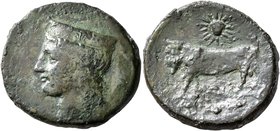 SICILY. Panormos (as Ziz). Circa 336-330 BC. Litra (Bronze, 23 mm, 7.55 g, 5 h). Head of Hera to left, wearing polos. Rev. The river-god Acheloios Ort...