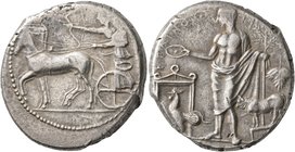 SICILY. Selinos. Circa 455-409 BC. Tetradrachm (Silver, 27 mm, 17.52 g, 12 h). Apollo and Artemis standing left in a quadriga moving slowly to left; A...