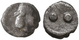 SICILY. Syracuse. Deinomenid Tyranny, 485-466 BC. Hexas - Dionkion (Silver, 4 mm, 0.08 g), circa 480-470. Head of Arethusa to right, wearing pearl dia...