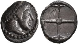 SICILY. Syracuse. Deinomenid Tyranny, 485-466 BC. Obol (Silver, 9 mm, 0.59 g), circa 475-470. Head of Arethusa to right, wearing necklace and pearl di...