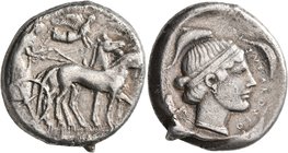 SICILY. Syracuse. Second Democracy, 466-405 BC. Tetradrachm (Bronze, 26 mm, 16.68 g, 12 h), circa 440s-430s. Charioteer driving quadriga walking to ri...
