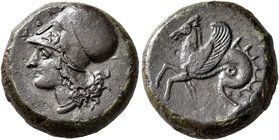 SICILY. Syracuse. Dionysios I, 405-367 BC. Litra (Bronze, 17 mm, 6.19 g, 12 h). ΣYPA Head of Athena to left, wearing Corinthian helmet. Rev. Hippocamp...
