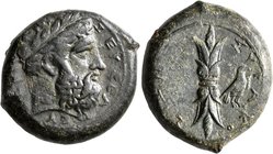 SICILY. Syracuse. Timoleon and the Third Democracy, 344-317 BC. Hemidrachm (Bronze, 25 mm, 13.94 g, 4 h), circa 344-339/8. ZEYΣ EΛEYΘEPIOΣ Laureate he...