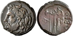 SKYTHIA. Olbia. Circa 310-280 BC. AE (Bronze, 22 mm, 13.24 g, 12 h). Horned head of the river-god Borysthenes to left. Rev. OΛBIO Axe and bow in bowca...