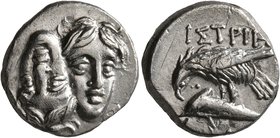 MOESIA. Istros. Circa 340/30-313 BC. Drachm (Silver, 17 mm, 5.44 g, 12 h). Two facing male heads side by side, one upright and the other inverted. Rev...