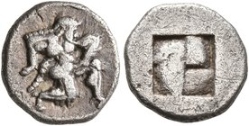 ISLANDS OFF THRACE, Thasos. Circa 500-480 BC. Diobol (Silver, 10 mm, 1.00 g). Satyr running right in kneeling stance. Rev. Quadripartite incuse square...