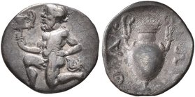 ISLANDS OFF THRACE, Thasos. Circa 411-340 BC. Trihemiobol (Silver, 13 mm, 0.78 g, 3 h). Bald satyr kneeling to left, holding kantharos in his right ha...