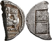 MACEDON. Akanthos. Circa 480-470 BC. Tetradrachm (Silver, 15x27 mm, 8.71 g). Lion right, attacking a bull collapsing to left with head raised; above, ...