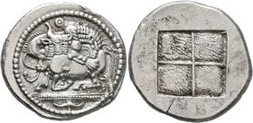 MACEDON. Akanthos. Circa 480-470 BC. Tetradrachm (Silver, 28 mm, 17.14 g). Lion right, attacking a bull collapsing to left with head raised; above, Θ;...