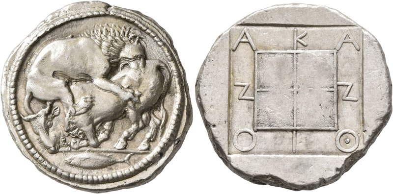 MACEDON. Akanthos. Circa 470-430 BC. Tetradrachm (Silver, 29 mm, 17.22 g, 5 h). ...