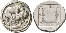 MACEDON. Akanthos. Circa 470-430 BC. Tetradrachm (Silver, 29 mm, 17.22 g, 5 h). Lion right, attacking a bull collapsing to left; in exergue, tunny swi...