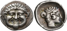 MACEDON. Neapolis. Circa 424-350 BC. Hemidrachm (Silver, 14 mm, 1.81 g, 11 h). Facing gorgoneion with protruding tongue. Rev. N-E-O-Π Head of the nymp...