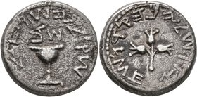 JUDAEA, First Jewish War. 66-70 CE. Shekel (Silver, 22 mm, 13.12 g, 11 h), Year 2 = 67/8. 'Shekel of Israel' (in Hebrew) Omer cup; above, 'Y[ear] 2' (...