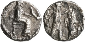 SAMARIA. Circa 375-333 BC. Obol (Silver, 9 mm, 0.49 g, 12 h). Persian hero or Great King seated to right, holding eagle in his right hand. Rev. Persia...