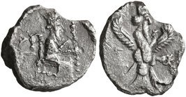 SAMARIA. Circa 375-333 BC. Obol (Silver, 10 mm, 0.57 g, 10 h). The Persian Great King seated right on throne, holding scepter in his right hand and fl...
