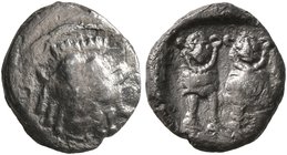 SAMARIA. 'Middle Levantine' Series. Circa 375-333 BC. Obol (Silver, 10 mm, 0.55 g, 12 h), Sanballat (?), Satrap of Samaria. Facing head of Bes; to rig...