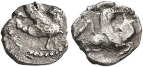 SAMARIA. 'Middle Levantine' Series. Circa 375-333 BC. Hemiobol (Silver, 8 mm, 0.23 g, 1 h). Winged and bearded scorpion man to right. Rev. Winged bull...