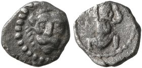 SAMARIA. 'Middle Levantine' Series. Circa 375-333 BC. Hemiobol (?) (Silver, 7 mm, 0.19 g, 7 h). Facing head of a lion. Rev. The Persian Great King in ...