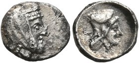 SAMARIA. 'Middle Levantine' Series. Circa 375-333 BC. Obol (Silver, 9 mm, 0.60 g, 7 h). Bearded male head to right, wearing satrapal headdress. Rev. Y...