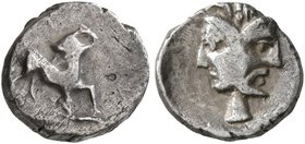 SAMARIA. 'Middle Levantine' Series. Circa 375-333 BC. Obol (Silver, 9 mm, 0.56 g, 1 h). Goat to right, head turned to left. Rev. Janiform head wearing...