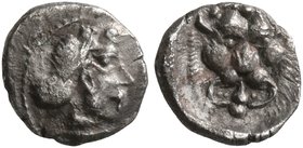 SAMARIA. 'Middle Levantine' Series. Circa 375-333 BC. Hemiobol (Silver, 7 mm, 0.36 g, 4 h). Female head to right, wearing sphendone. Rev. Facing head ...