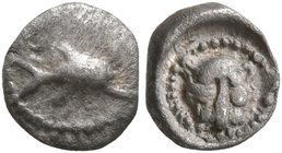 SAMARIA. 'Middle Levantine' Series. Circa 375-333 BC. Hemiobol (Silver, 6 mm, 0.25 g, 1 h). Dolphin to right. Rev. Facing head of a panther. Meshorer ...