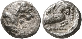 PHILISTIA (PALESTINE). Gaza. Mid 5th century-333 BC. Obol (Silver, 9 mm, 0.75 g, 12 h). Forepart of a lion to right. Rev. Forepart of a horse to right...