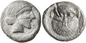 PHILISTIA (PALESTINE). Gaza. Mid 5th century-333 BC. Drachm (Silver, 14 mm, 3.47 g, 10 h). Bearded male head to right. Rev. Bearded facing head of Bes...