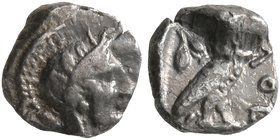 PHILISTIA (PALESTINE). Uncertain mint. Mid 5th century-333 BC. Obol (Silver, 7 mm, 0.31 g, 11 h). Head of Athena to right, wearing crested Attic helme...