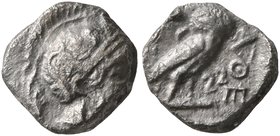 PHILISTIA (PALESTINE). Uncertain mint. Mid 5th century-333 BC. Obol (Silver, 8 mm, 0.72 g, 1 h). Head of Athena to right, wearing crested Attic helmet...