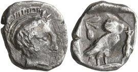 PHILISTIA (PALESTINE). Uncertain mint. Mid 5th century-333 BC. Obol (Silver, 10 mm, 0.78 g, 6 h). Head of Athena to right, wearing crested Attic helme...