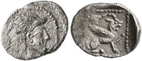 PHILISTIA (PALESTINE). Uncertain mint. Mid 5th century-333 BC. Obol (Silver, 10 mm, 0.54 g, 6 h). Hybrid head of a bearded male to right and a youth f...