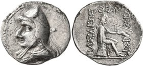 KINGS OF PARTHIA. Phriapatios to Mithradates I, circa 185-132 BC. Drachm (Silver, 21 mm, 4.12 g, 12 h), Hekatompylos. Draped bust to left, wearing bas...