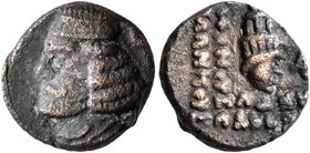 KINGS OF PARTHIA. Orodes II, circa 57-38 BC. AE (Bronze, 12 mm, 1.79 g, 1 h), Ekbatana. Diademed and draped bust of Orodes II to left. Rev. Head of Ty...
