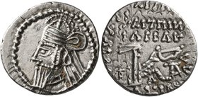 KINGS OF PARTHIA. Vologases VI, circa 208-228. Drachm (Silver, 20 mm, 3.47 g, 12 h), Ekbatana. Diademed and draped bust of Vologases VI to left, weari...