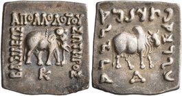BAKTRIA, Greco-Baktrian Kingdom. Apollodotos I, circa 174-165 BC. Drachm (Silver, 15x16 mm, 2.39 g, 12 h), uncertain mint in Paropamisadai or Gandhara...