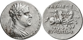 BAKTRIA, Greco-Baktrian Kingdom. Eukratides I, circa 170-145 BC. Tetradrachm (Silver, 32 mm, 16.58 g, 12 h), Baktra, circa 170-162. Diademed and drape...