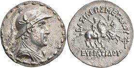BAKTRIA, Greco-Baktrian Kingdom. Eukratides I, circa 170-145 BC. Tetradrachm (Silver, 34 mm, 16.61 g, 1 h). Diademed and draped bust of Eukratides to ...