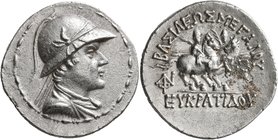 BAKTRIA, Greco-Baktrian Kingdom. Eukratides I, circa 170-145 BC. Tetradrachm (Silver, 31 mm, 16.68 g, 12 h). Diademed and draped bust of Eukratides to...