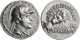 BAKTRIA, Greco-Baktrian Kingdom. Eukratides I, circa 170-145 BC. Tetradrachm (Silver, 33 mm, 16.88 g, 12 h). Diademed and draped bust of Eukratides to...