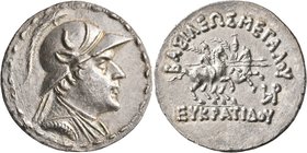BAKTRIA, Greco-Baktrian Kingdom. Eukratides I, circa 170-145 BC. Tetradrachm (Silver, 33 mm, 16.52 g, 12 h). Diademed and draped bust of Eukratides to...